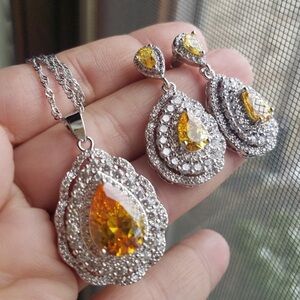Swarovski Elements 925 Sterling Silver Yellow Citrine Necklace Earrings SET NEW